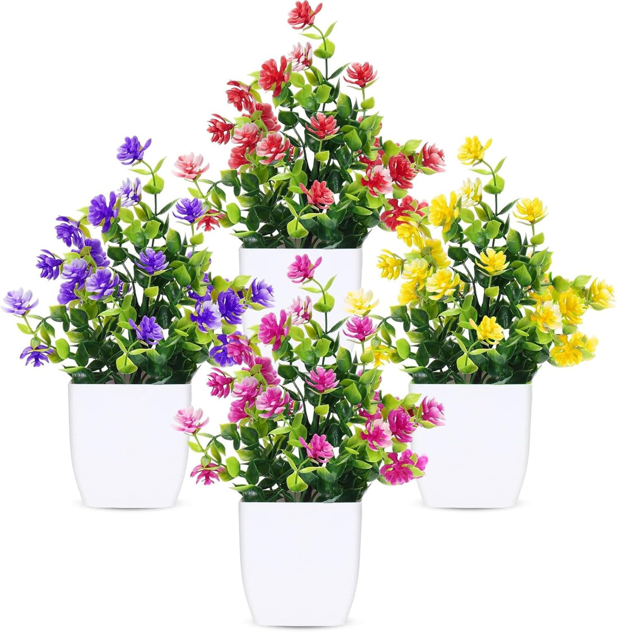 Faux Potted Daisy & Eucalyptus Plants, Set of 4 | Desk & Home Decor Indoor Outdoor