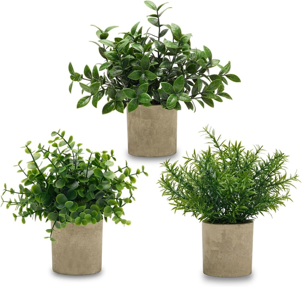 Small Artificial Potted Plants 3-Pack – 7.9" Fake Eucalyptus Topiaries for Desk, Shelf & Home Decor