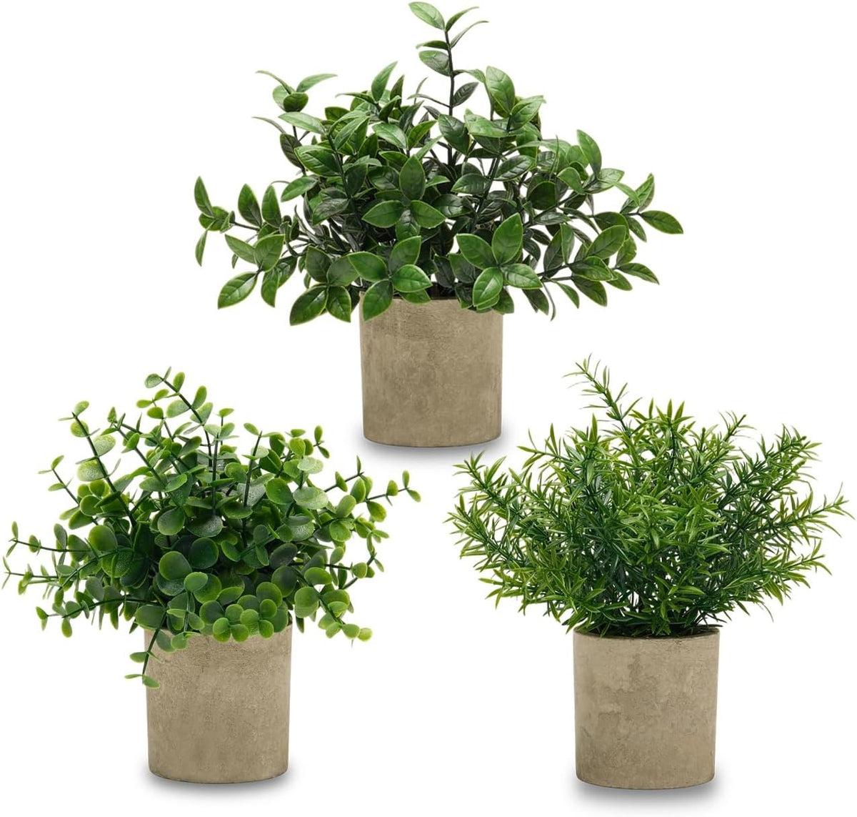 Small Artificial Potted Plants 3-Pack – 7.9" Fake Eucalyptus Topiaries for Desk, Shelf & Home Decor