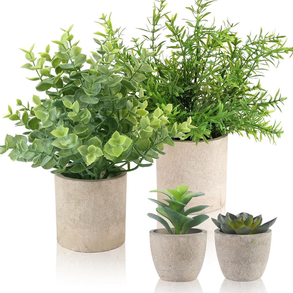 Small Fake Plants, Set of 4 | 10" Faux Potted Indoor Plants for Home & Office Decor