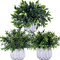 Artificial Potted Plants 3-Pack – Faux Eucalyptus, Rosemary & Boxwood in White Geometric Pots