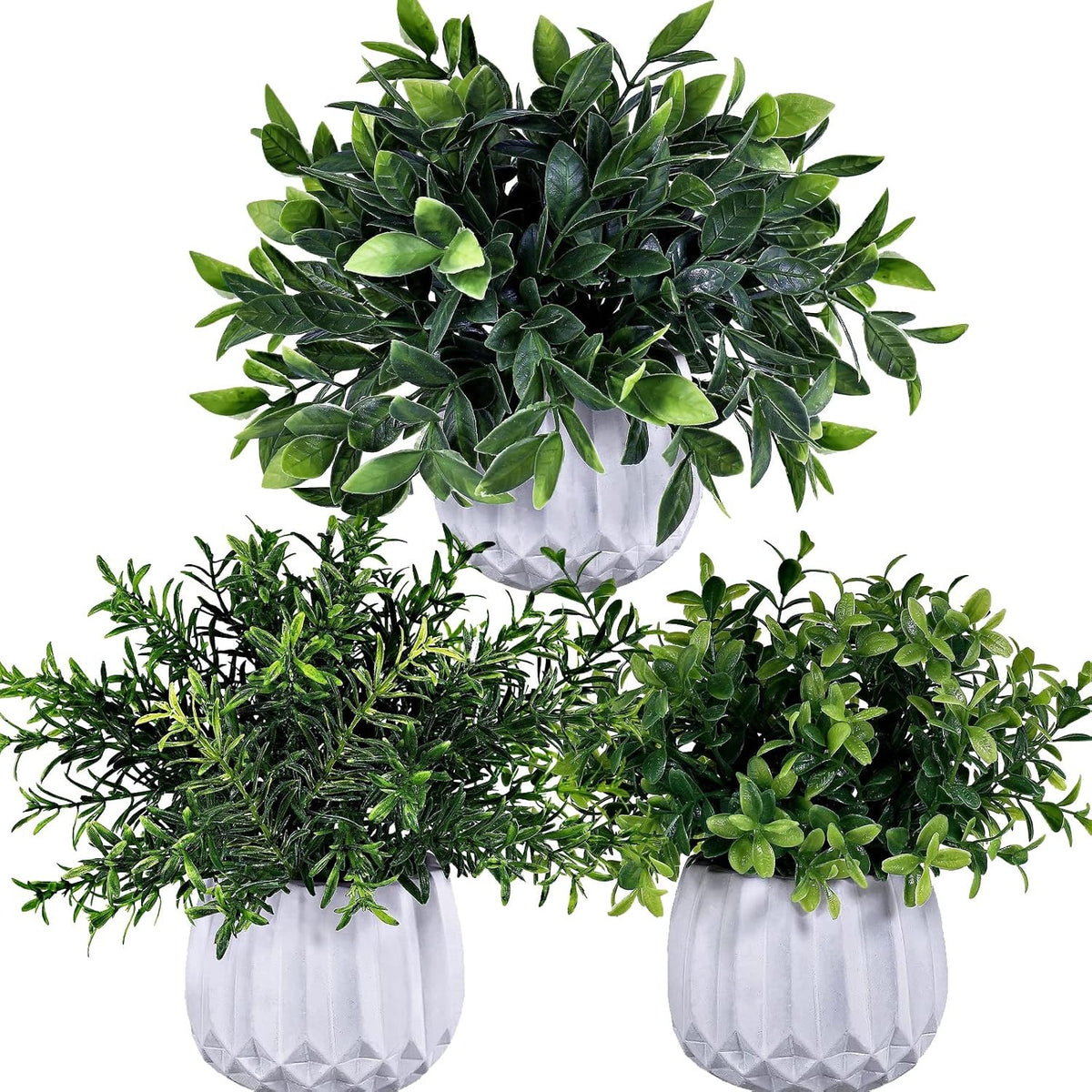 Artificial Potted Plants 3-Pack – Faux Eucalyptus, Rosemary & Boxwood in White Geometric Pots