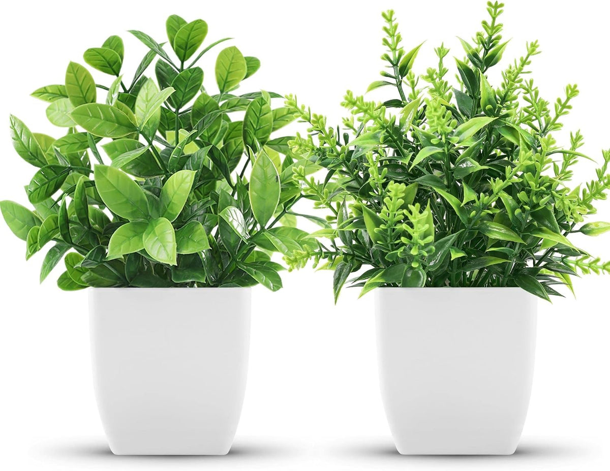 Small Fake Plants, Set of 2 | Faux Potted Indoor Plants for Desk & Office Decor
