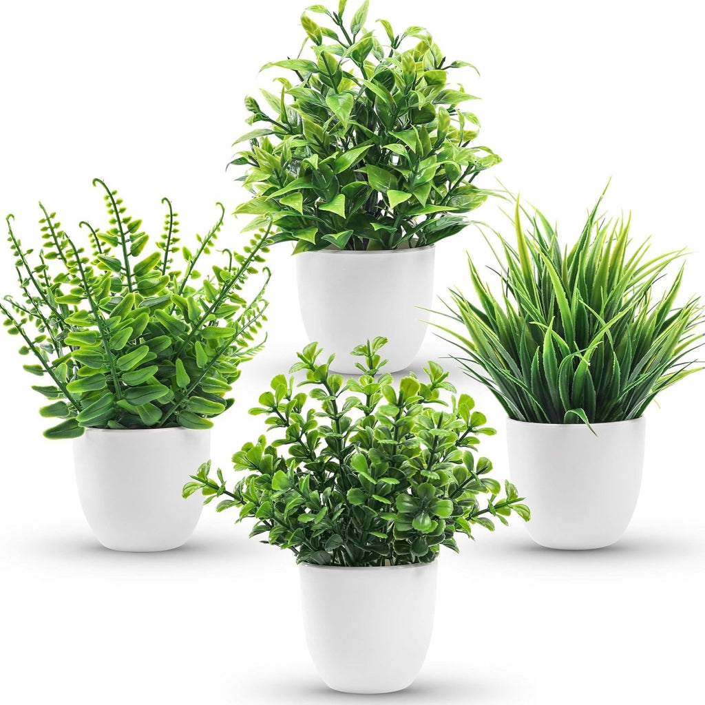 Small Fake Plants, Set of 4 or 8 | Green Faux Potted Plants for Bookshelf & Home Decor