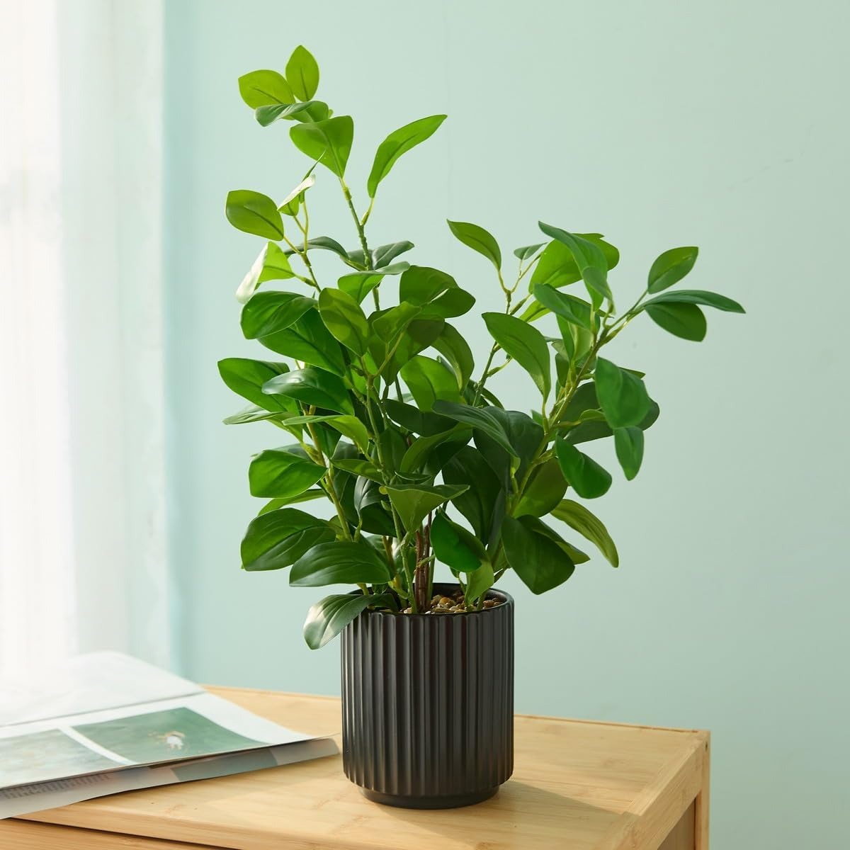 16" Artificial Indoor Plant with Black Ceramic Pot – Realistic Evergreen Faux Plant