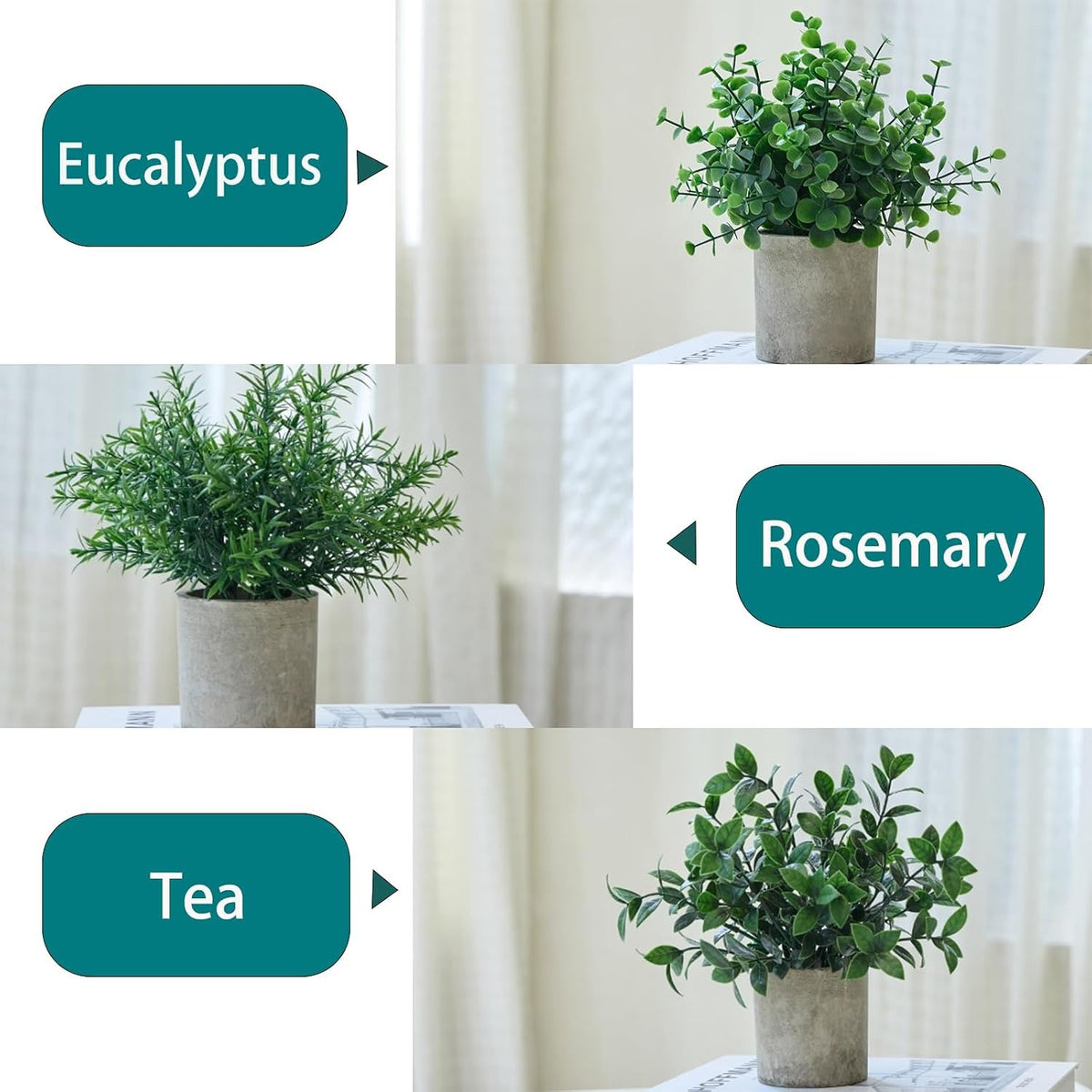Small Artificial Potted Plants 3-Pack – 7.9" Fake Eucalyptus Topiaries for Desk, Shelf & Home Decor