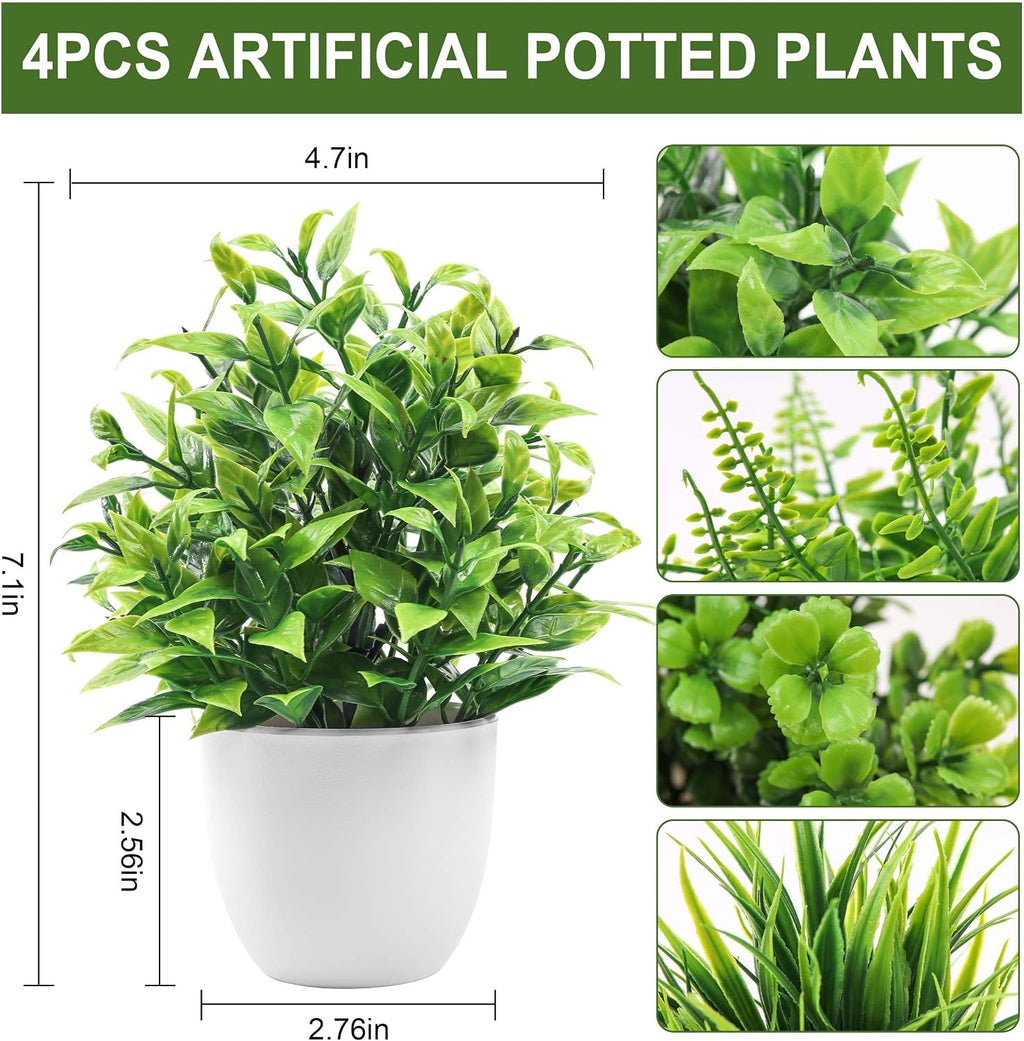 Small Fake Plants, Set of 4 or 8 | Green Faux Potted Plants for Bookshelf & Home Decor