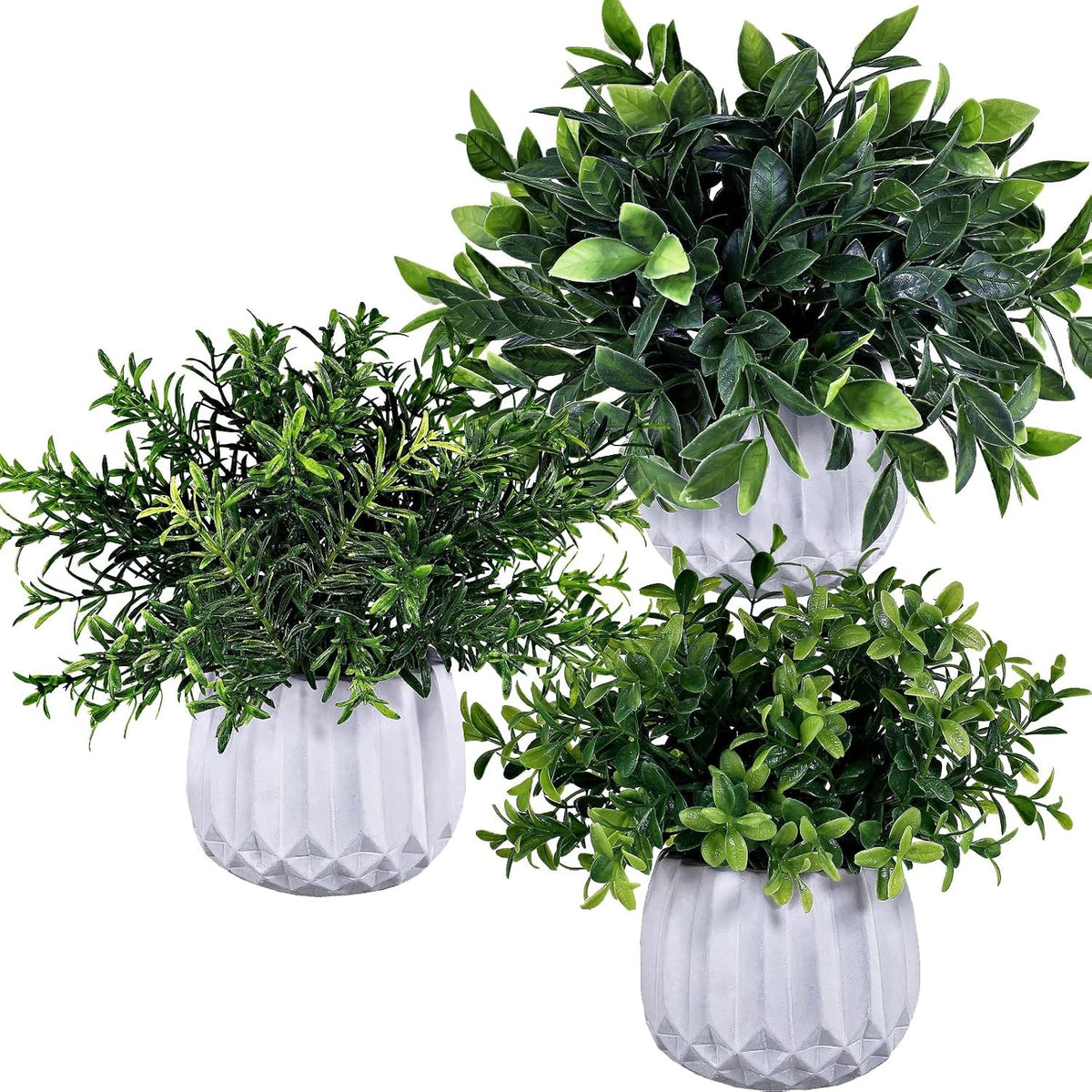 Artificial Potted Plants 3-Pack – Faux Eucalyptus, Rosemary & Boxwood in White Geometric Pots