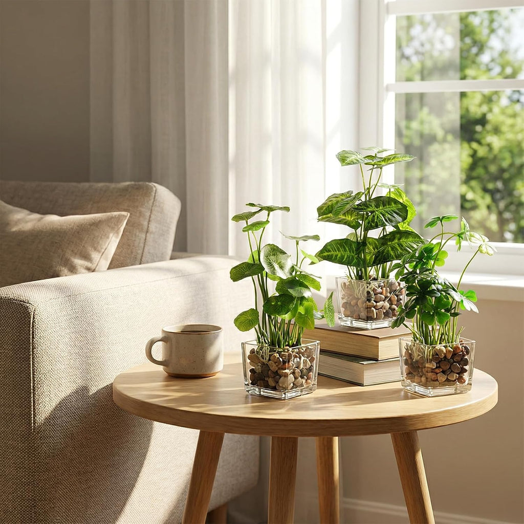 Faux Tabletop Plants in Glass Cube Pots, Set of 3 | Modern Indoor Greenery Decor