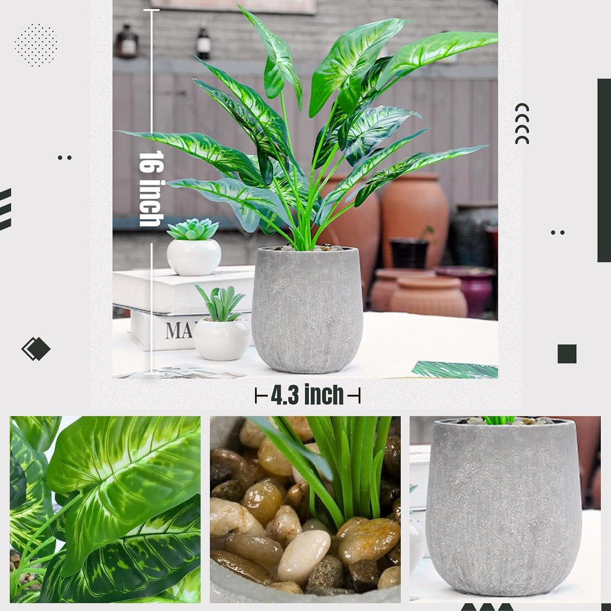 16" Artificial Taro Leaf Potted Plant with Decorative Rocks – Faux Tropical Greenery for Home Decor