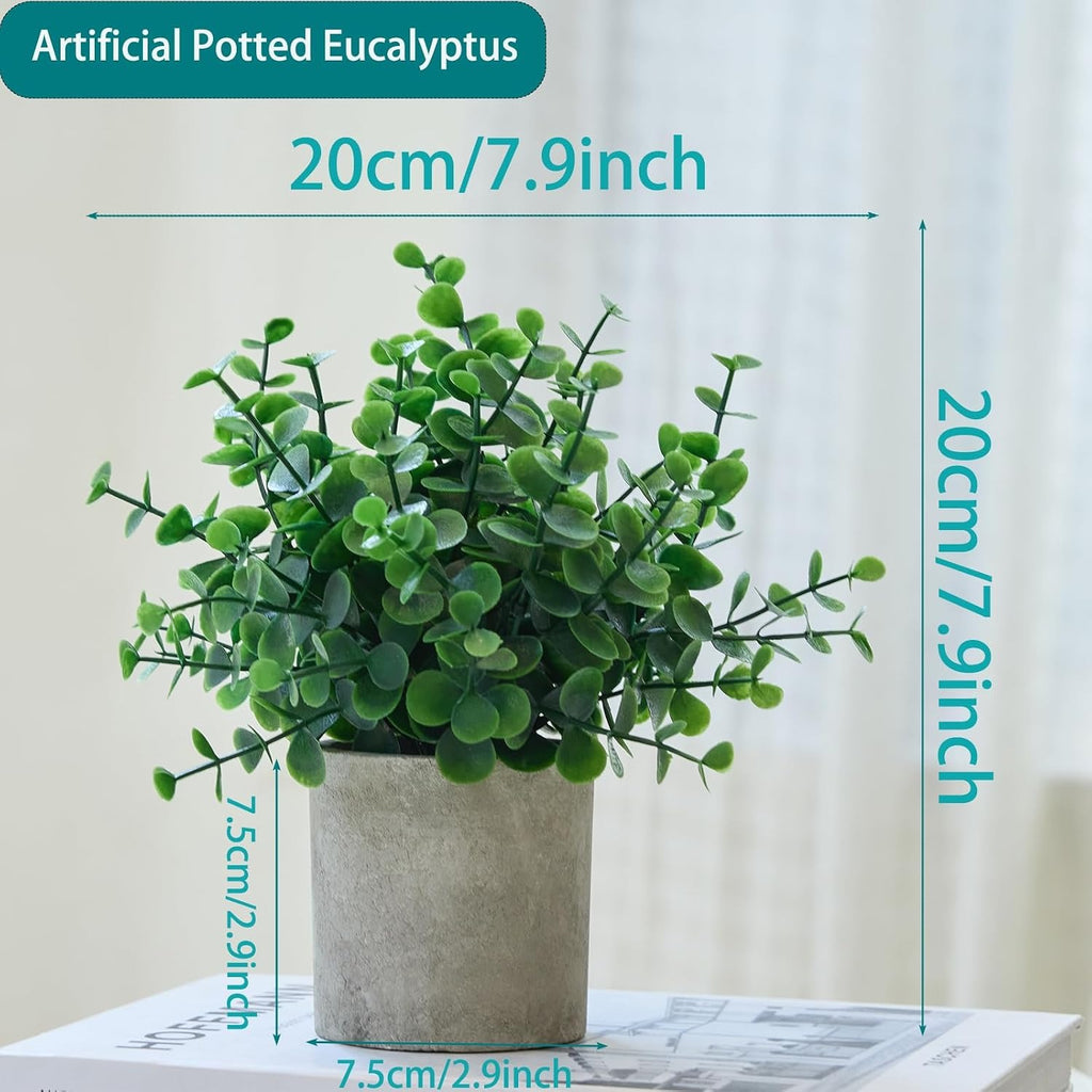 Small Artificial Potted Plants 3-Pack – 7.9" Fake Eucalyptus Topiaries for Desk, Shelf & Home Decor