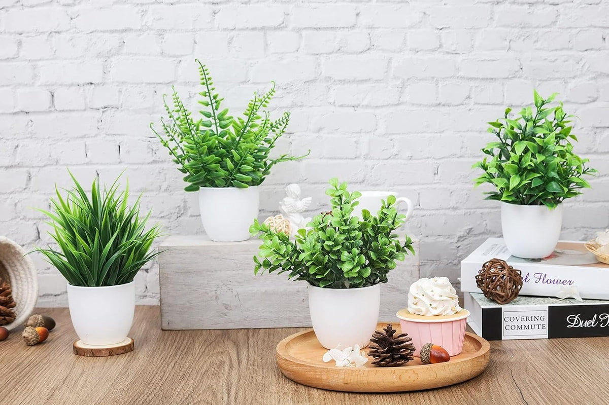 Small Fake Plants, Set of 4 or 8 | Green Faux Potted Plants for Bookshelf & Home Decor