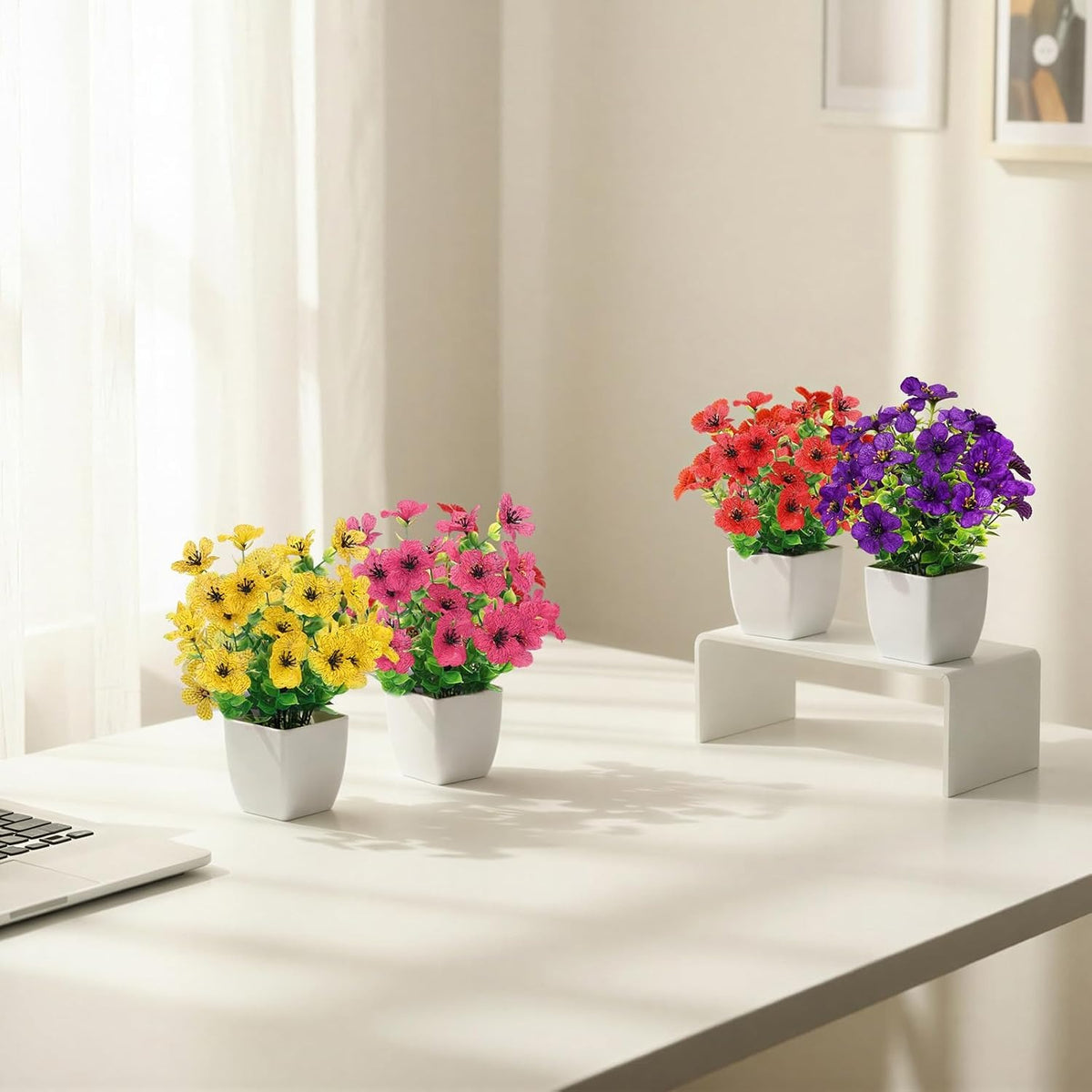 Faux Potted Daisy & Eucalyptus Plants, Set of 4 | Desk & Home Decor Indoor Outdoor