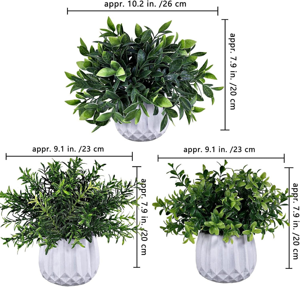 Artificial Potted Plants 3-Pack – Faux Eucalyptus, Rosemary & Boxwood in White Geometric Pots