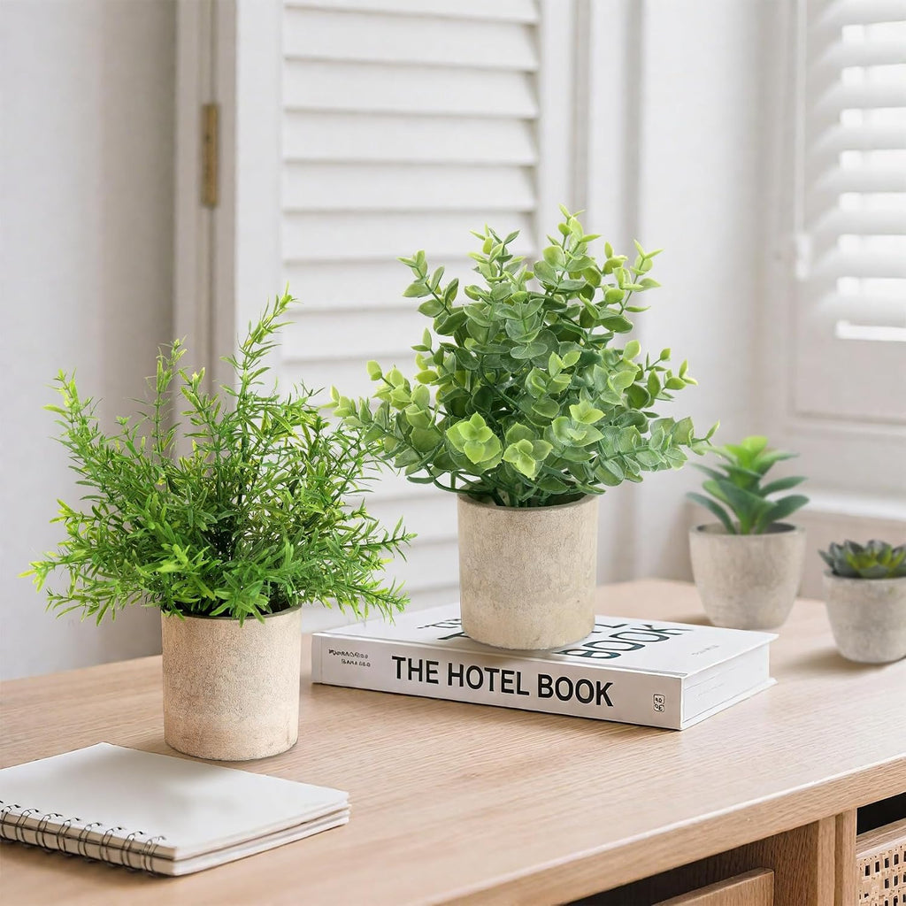 Small Fake Plants, Set of 4 | 10" Faux Potted Indoor Plants for Home & Office Decor