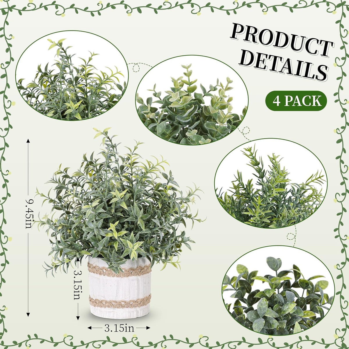 Sage Green Faux Plants, Set of 4 | Mini Potted Indoor Plants for Farmhouse Decor