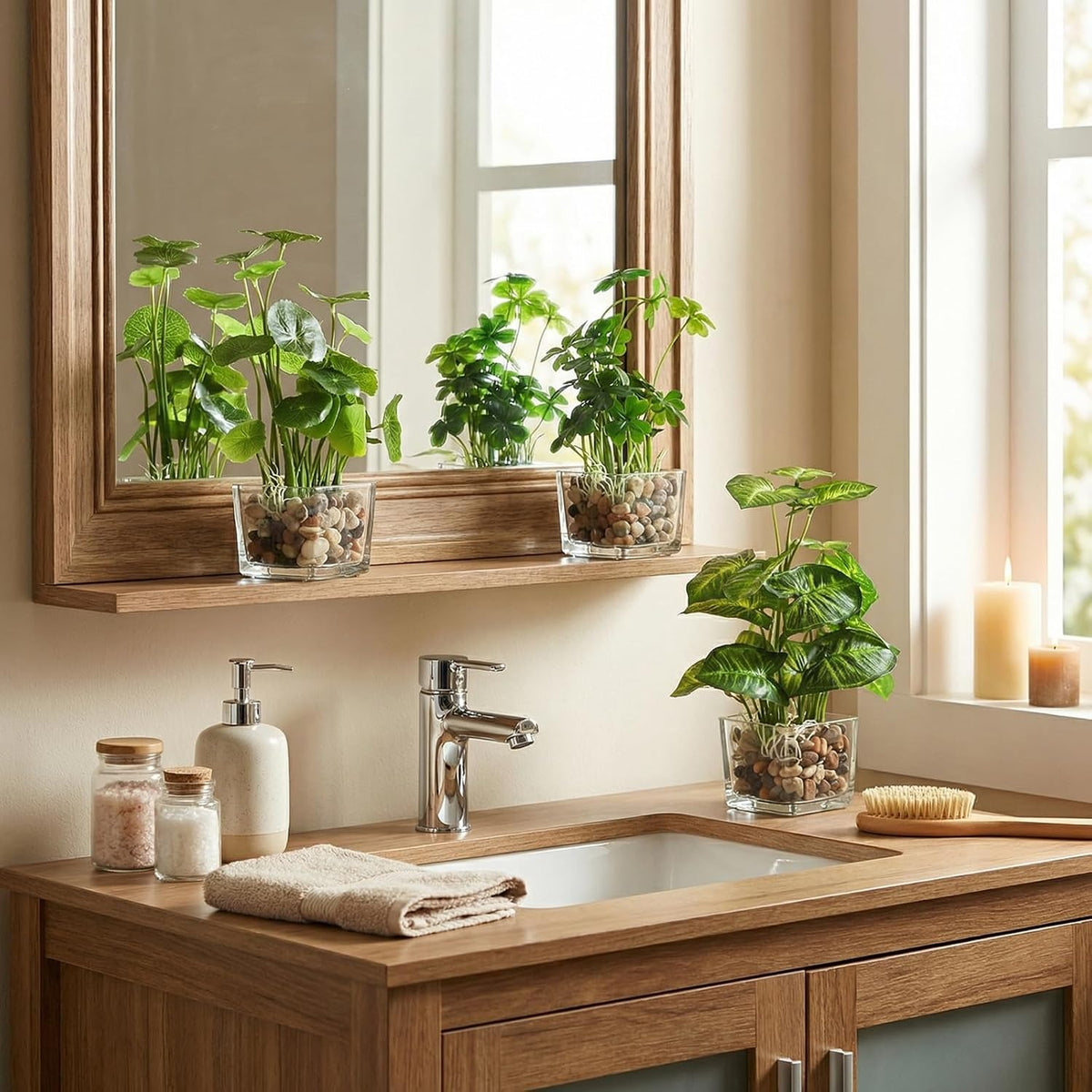 Faux Tabletop Plants in Glass Cube Pots, Set of 3 | Modern Indoor Greenery Decor