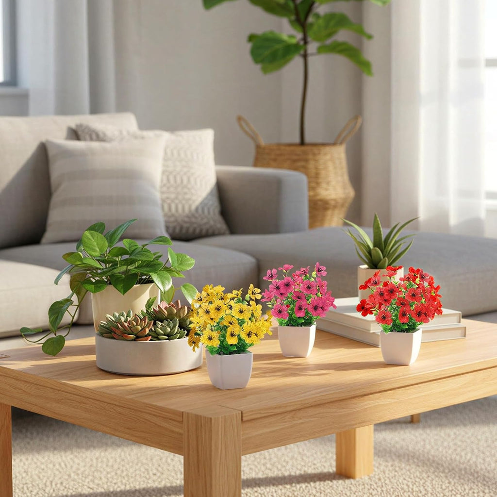 Faux Potted Daisy & Eucalyptus Plants, Set of 4 | Desk & Home Decor Indoor Outdoor