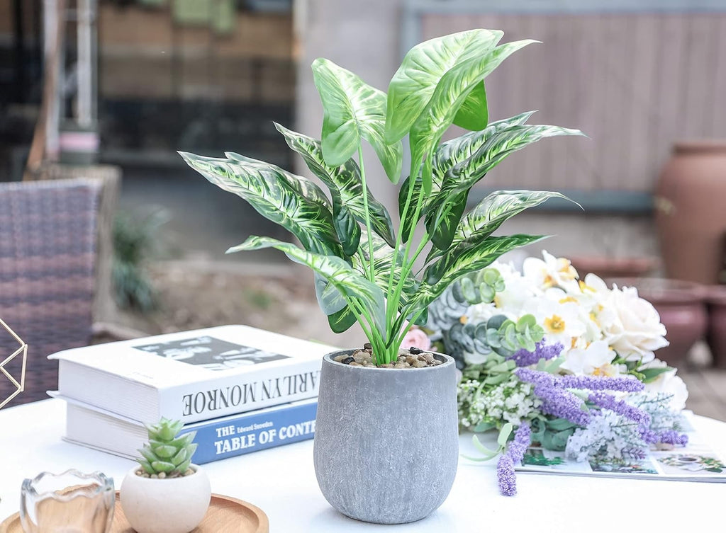 16" Artificial Taro Leaf Potted Plant with Decorative Rocks – Faux Tropical Greenery for Home Decor