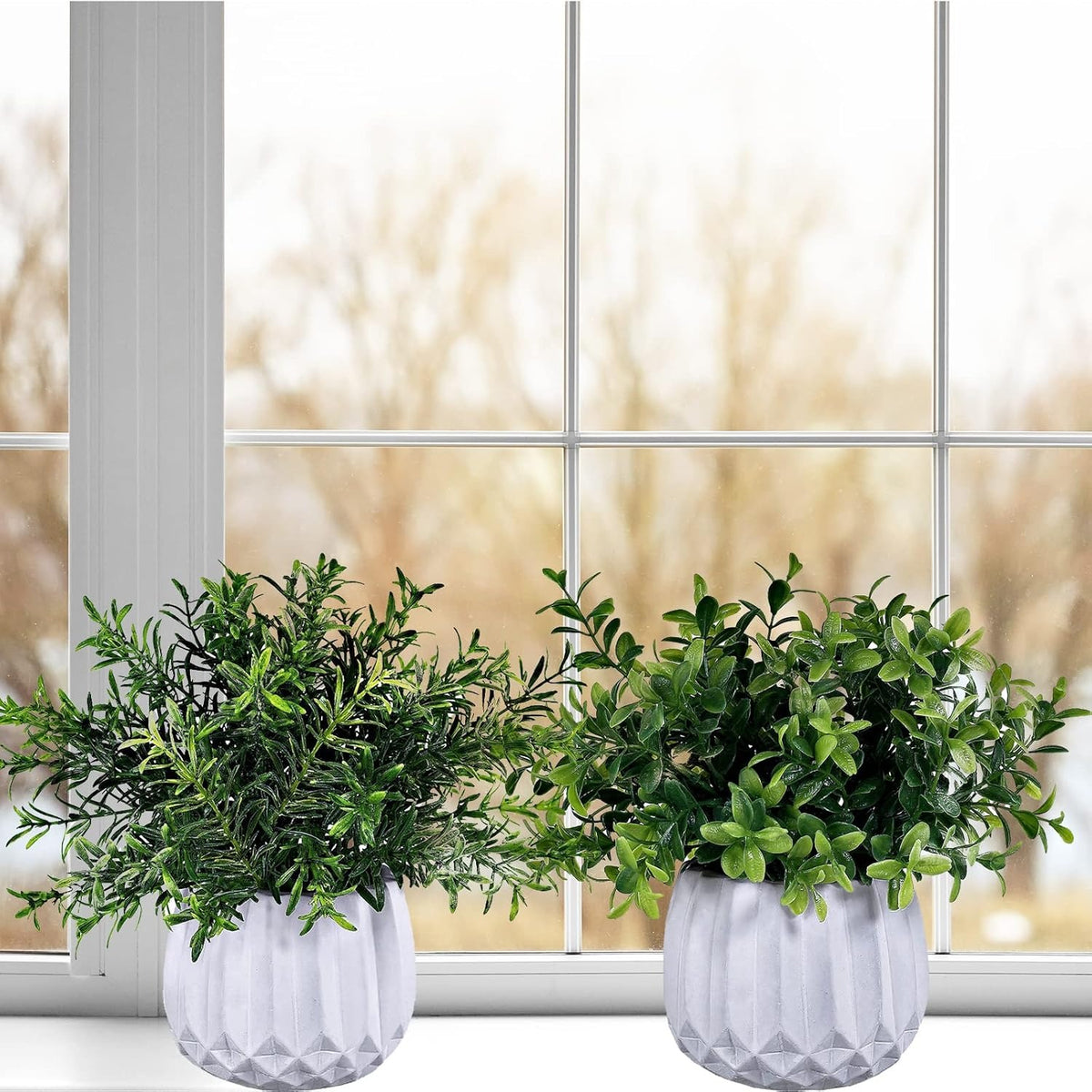 Artificial Potted Plants 3-Pack – Faux Eucalyptus, Rosemary & Boxwood in White Geometric Pots