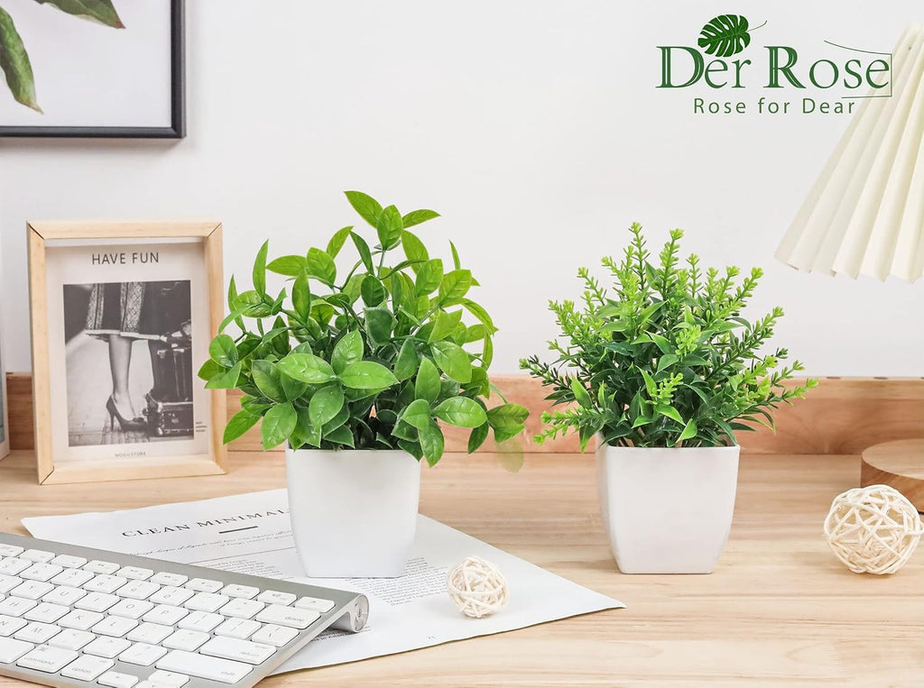 Small Fake Plants, Set of 2 | Faux Potted Indoor Plants for Desk & Office Decor