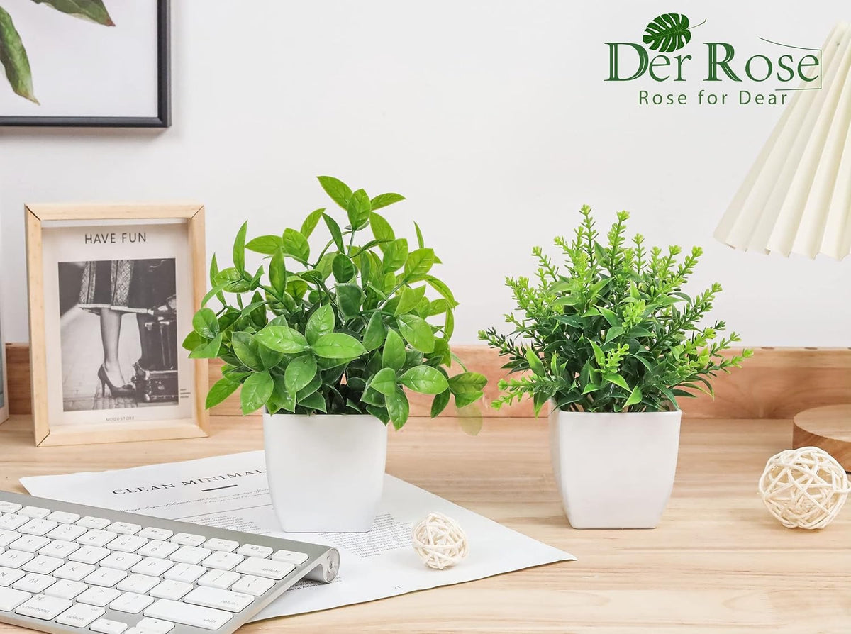 Small Fake Plants, Set of 2 | Faux Potted Indoor Plants for Desk & Office Decor