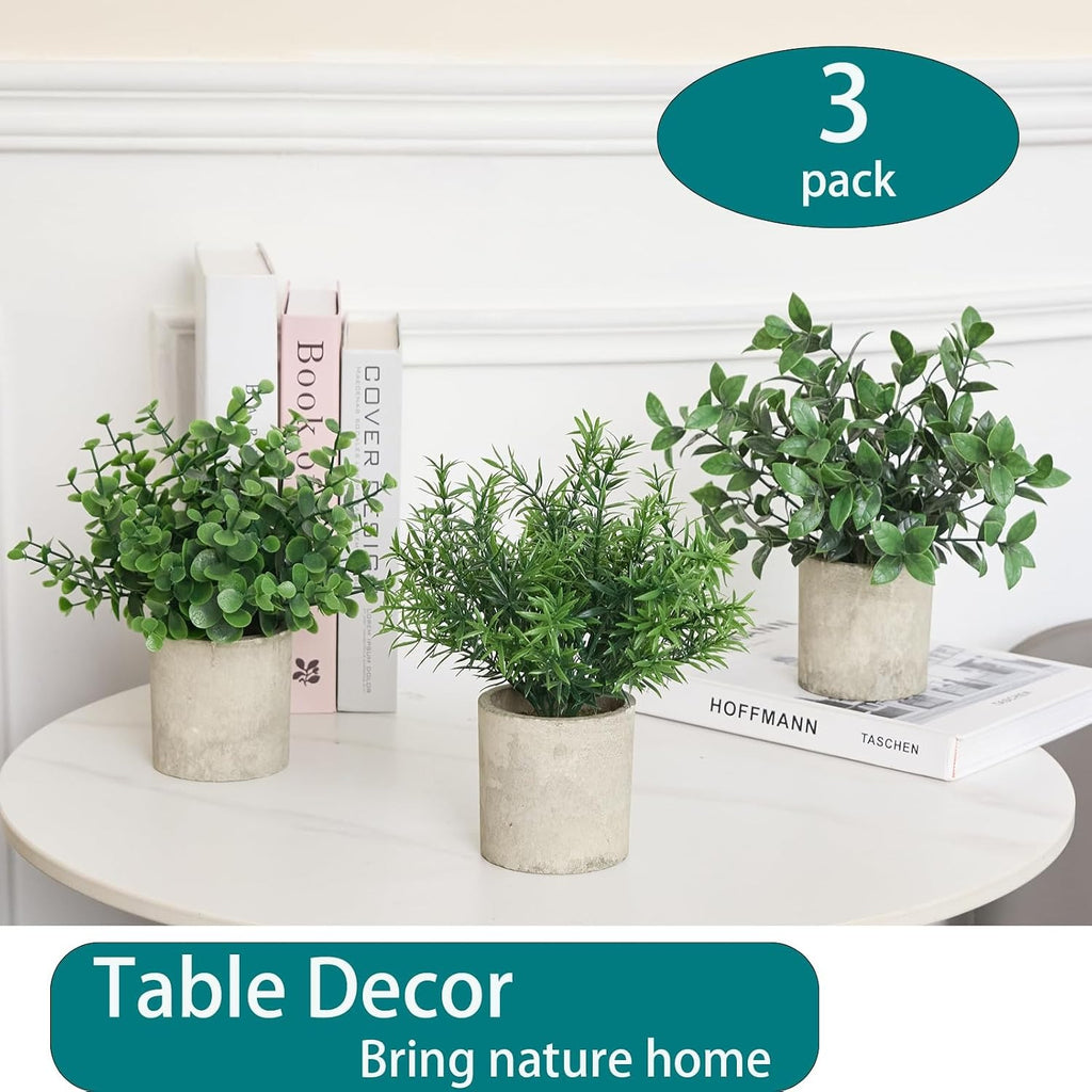 Small Artificial Potted Plants 3-Pack – 7.9" Fake Eucalyptus Topiaries for Desk, Shelf & Home Decor