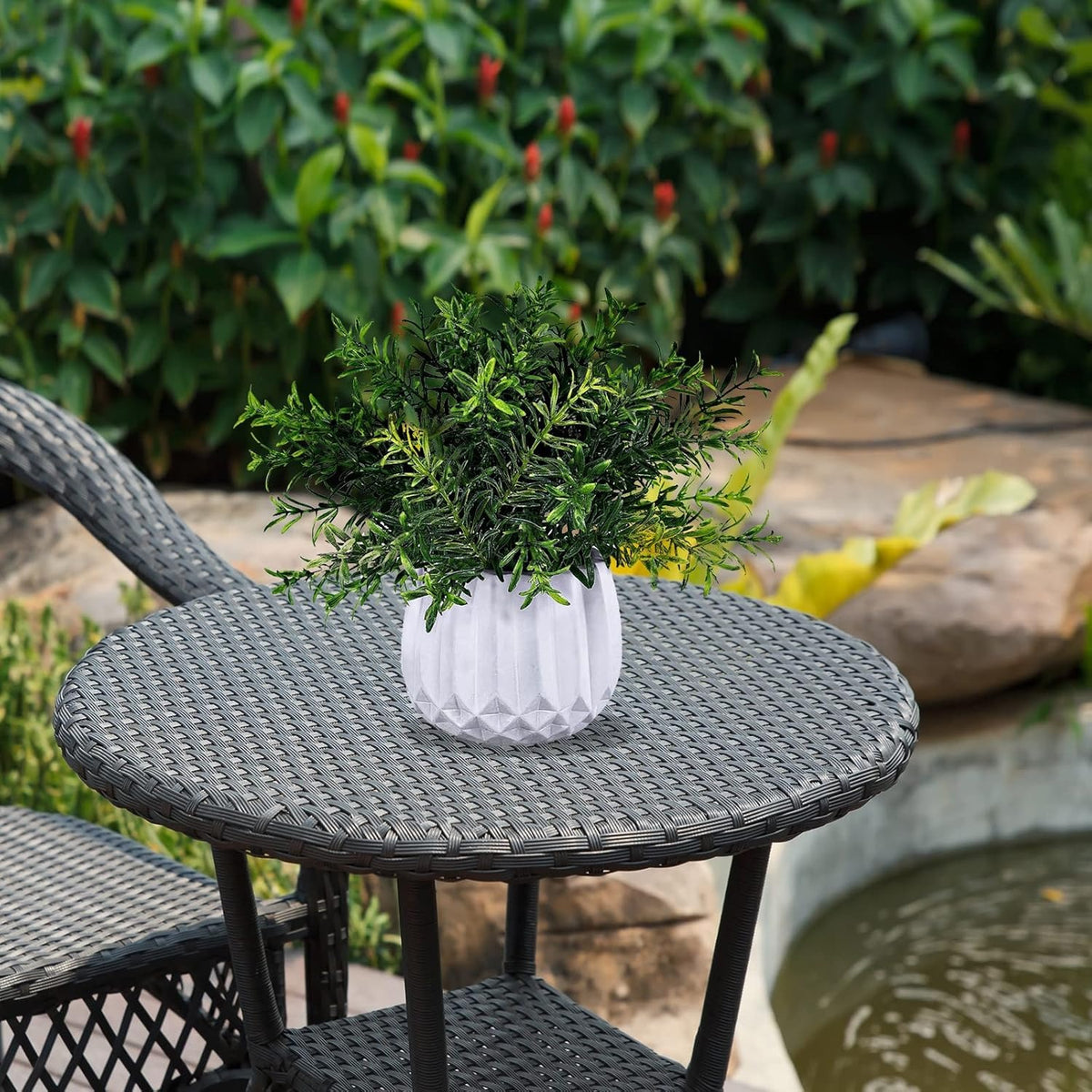 Artificial Potted Plants 3-Pack – Faux Eucalyptus, Rosemary & Boxwood in White Geometric Pots