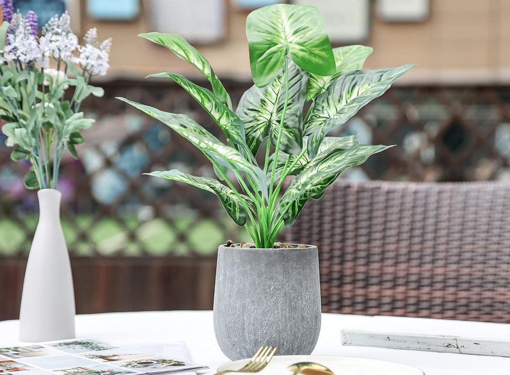16" Artificial Taro Leaf Potted Plant with Decorative Rocks – Faux Tropical Greenery for Home Decor