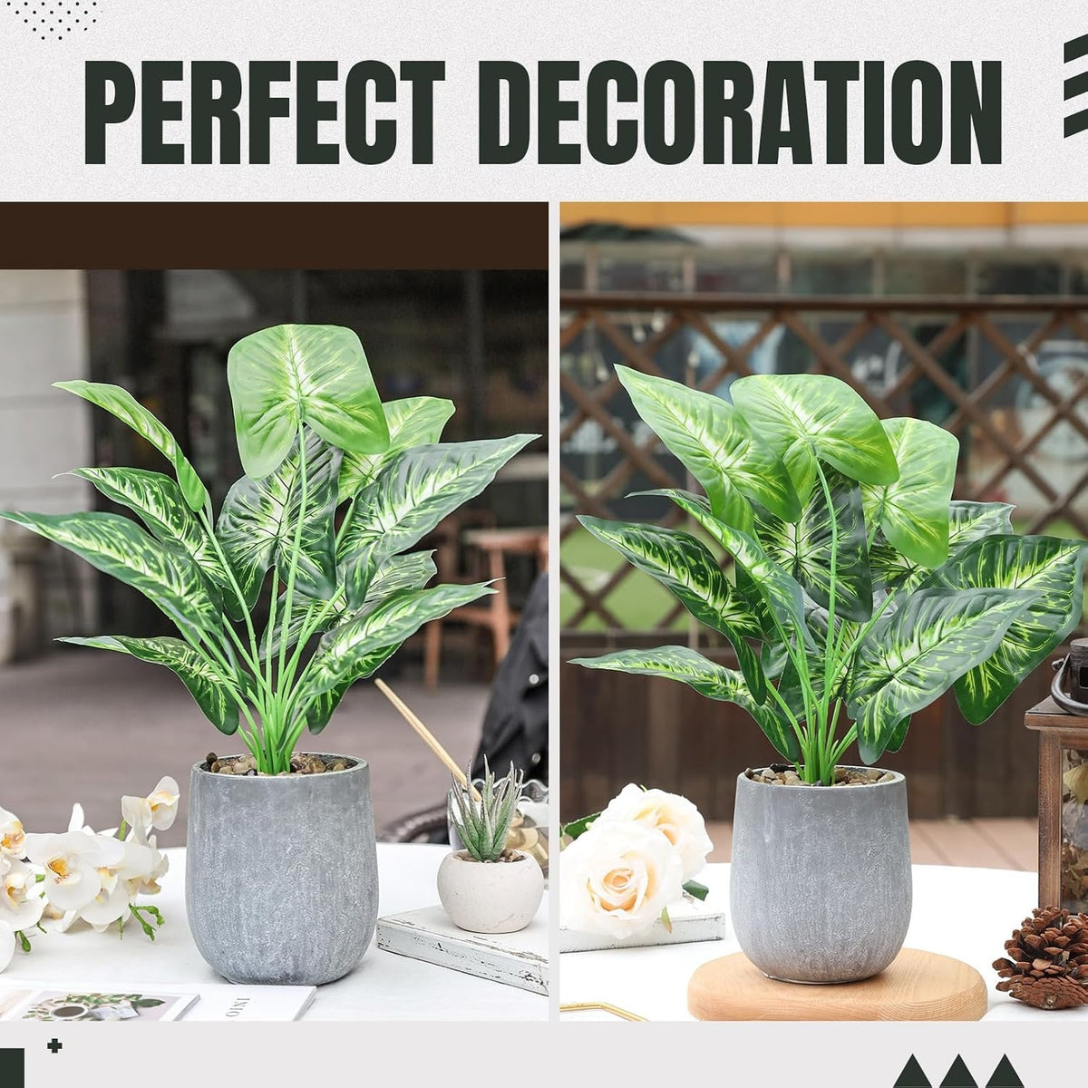16" Artificial Taro Leaf Potted Plant with Decorative Rocks – Faux Tropical Greenery for Home Decor