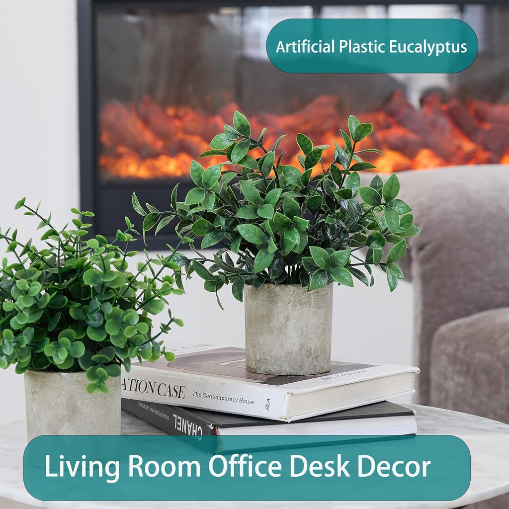 Small Artificial Potted Plants 3-Pack – 7.9" Fake Eucalyptus Topiaries for Desk, Shelf & Home Decor
