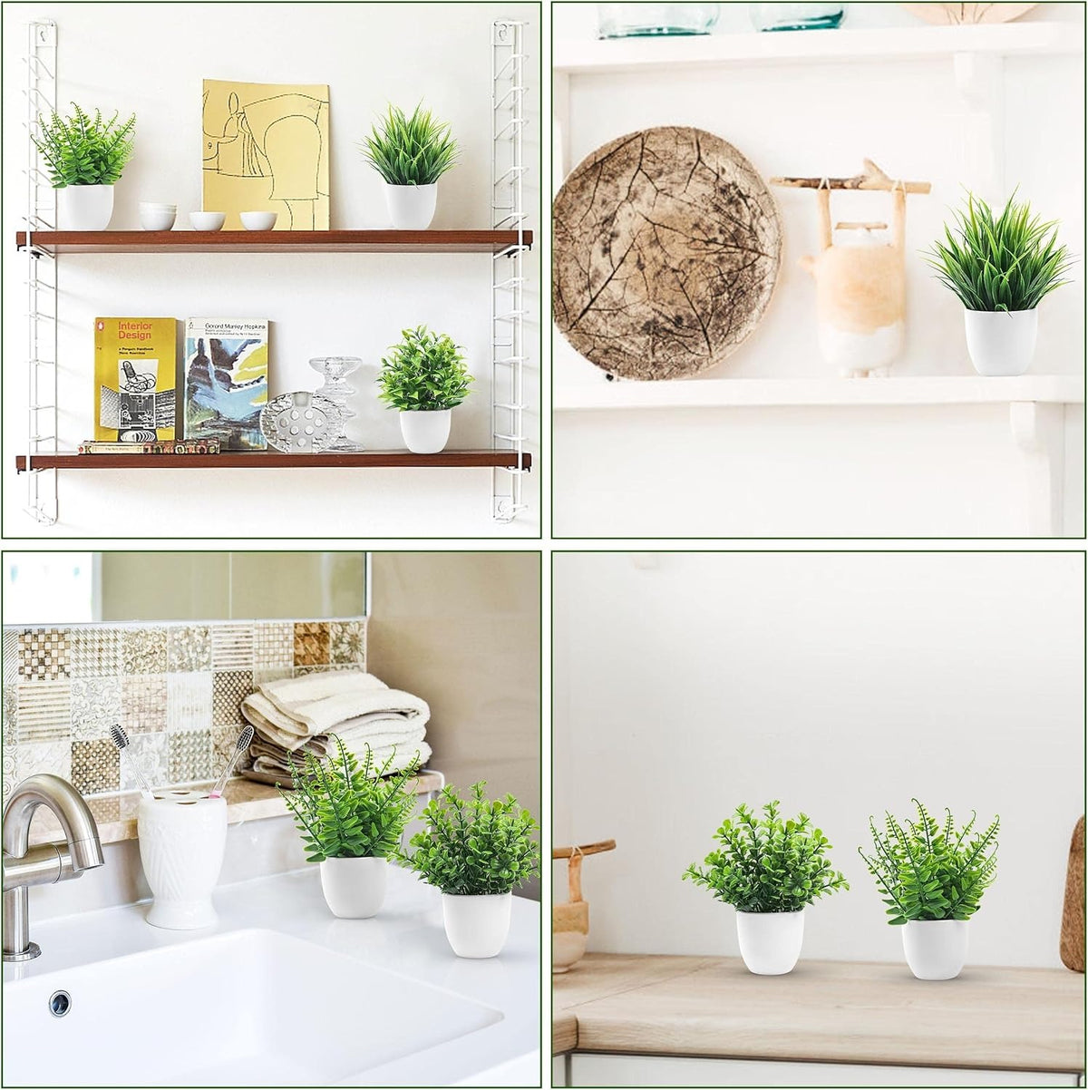 Small Fake Plants, Set of 4 or 8 | Green Faux Potted Plants for Bookshelf & Home Decor