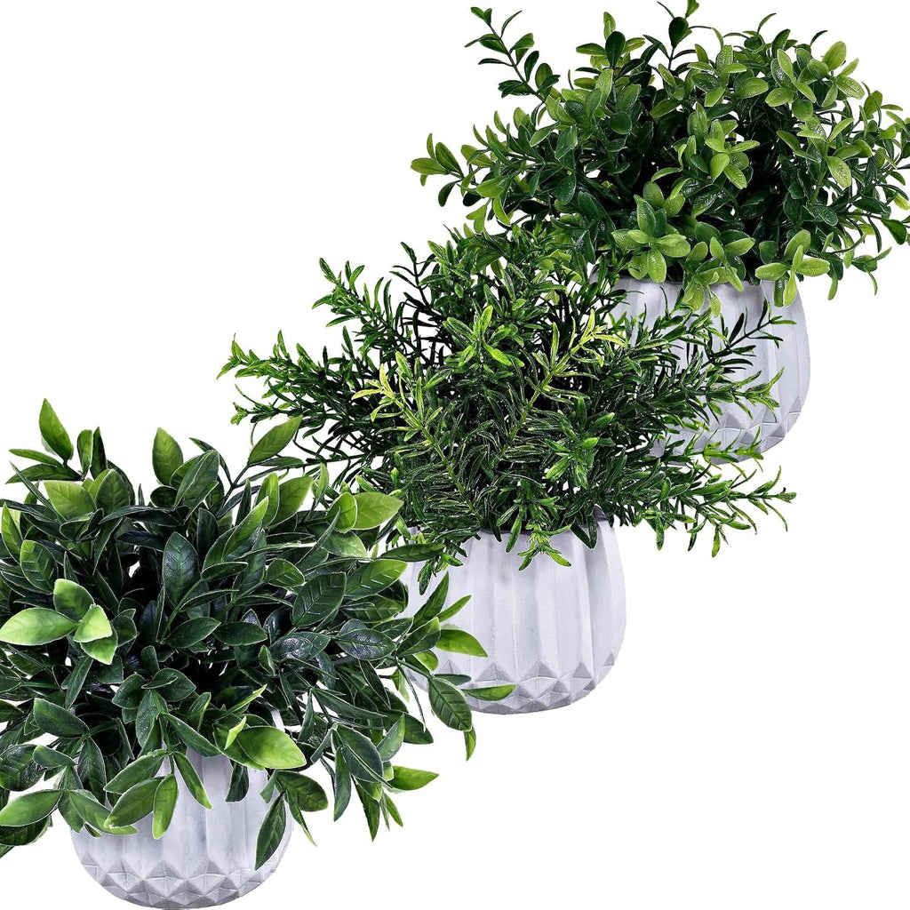 Artificial Potted Plants 3-Pack – Faux Eucalyptus, Rosemary & Boxwood in White Geometric Pots