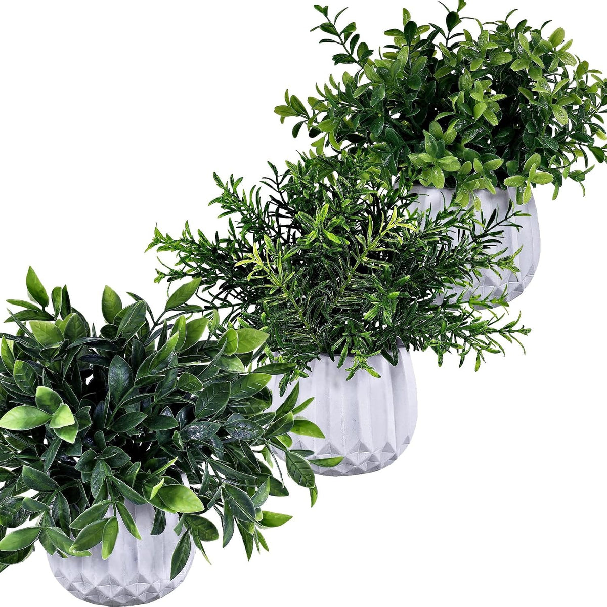 Artificial Potted Plants 3-Pack – Faux Eucalyptus, Rosemary & Boxwood in White Geometric Pots