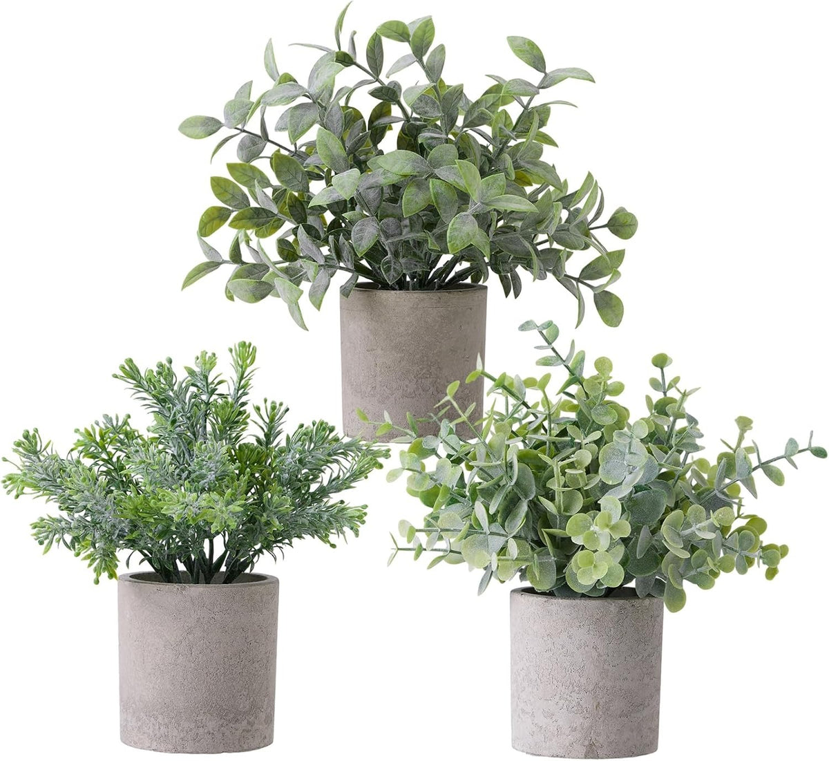 Small Artificial Potted Plants 3-Pack – 7.9" Fake Eucalyptus Topiaries for Desk, Shelf & Home Decor