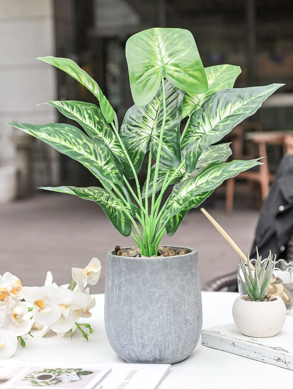 16" Artificial Taro Leaf Potted Plant with Decorative Rocks – Faux Tropical Greenery for Home Decor