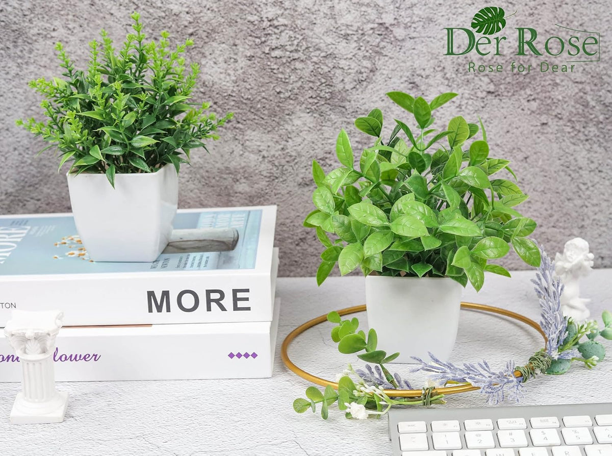 Small Fake Plants, Set of 2 | Faux Potted Indoor Plants for Desk & Office Decor