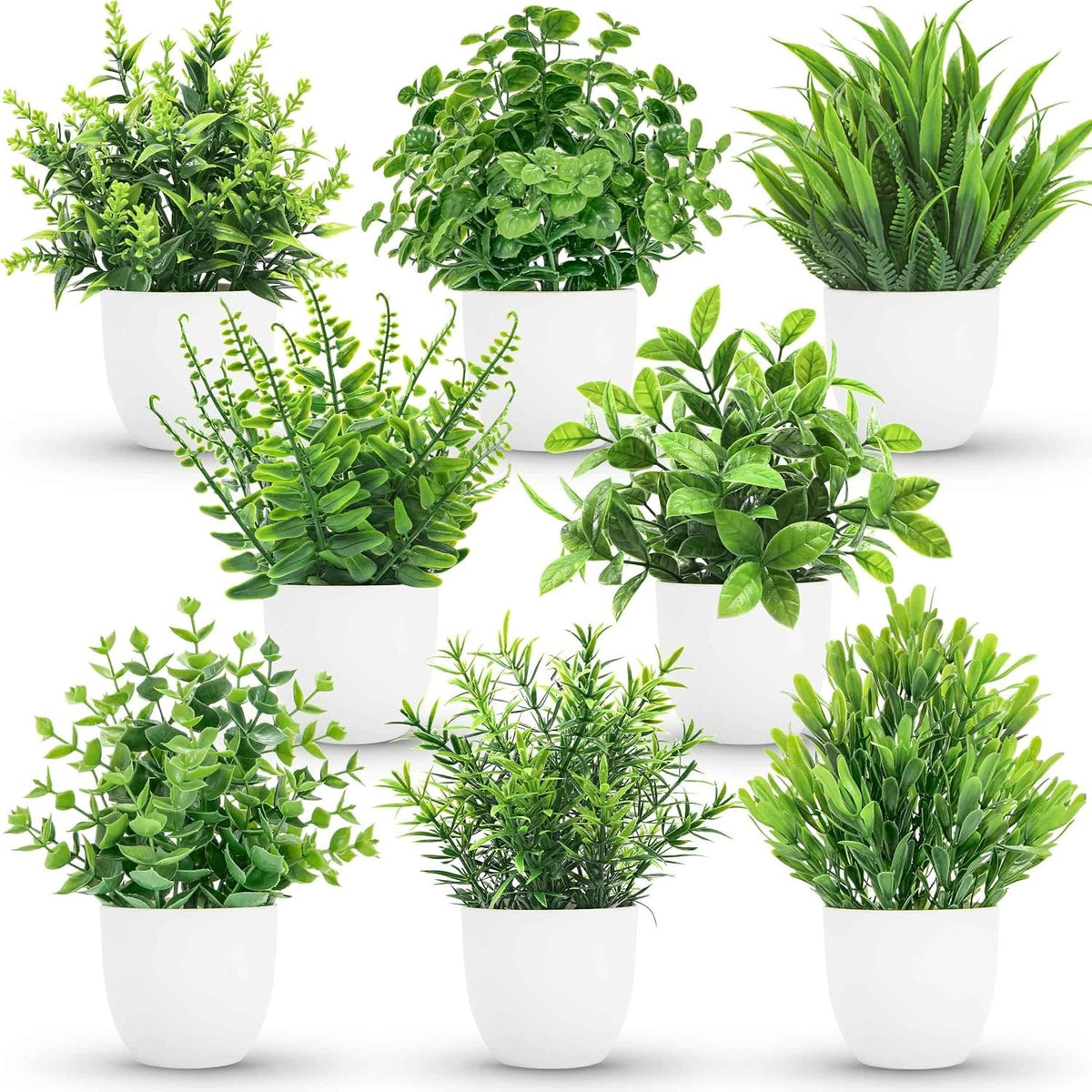 Small Fake Plants, Set of 4 or 8 | Green Faux Potted Plants for Bookshelf & Home Decor