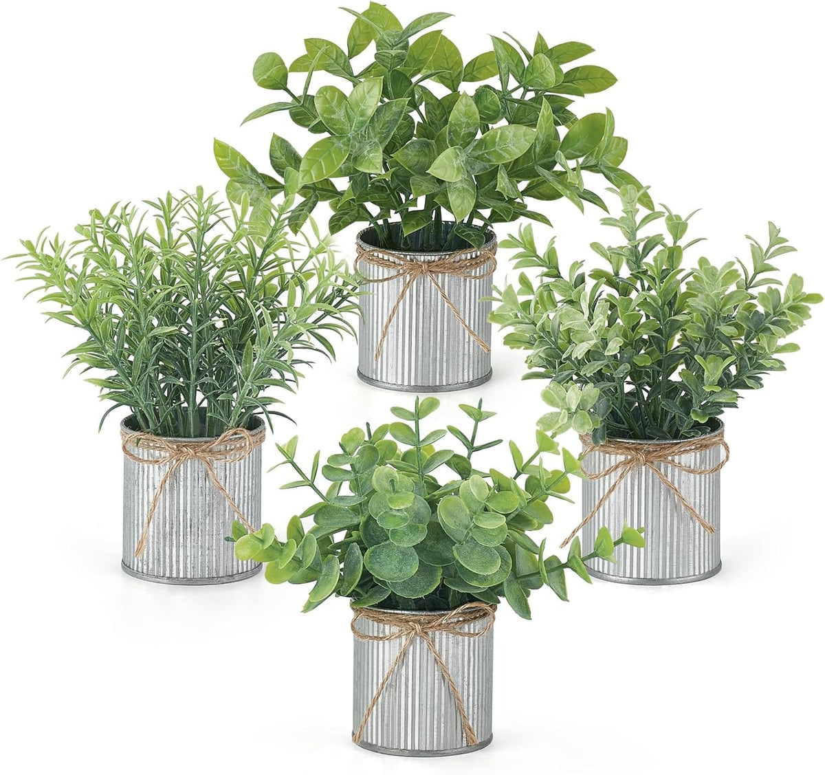 Small Fake Plants in Galvanized Pots, Set of 4 | Rustic Farmhouse Indoor Decor