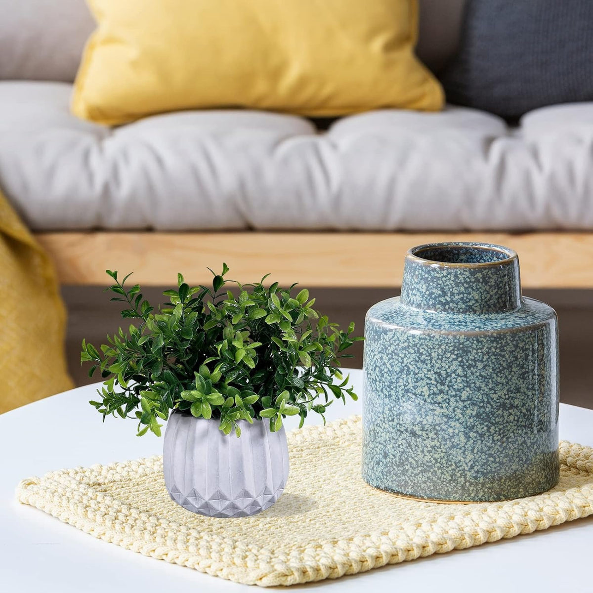 Artificial Potted Plants 3-Pack – Faux Eucalyptus, Rosemary & Boxwood in White Geometric Pots