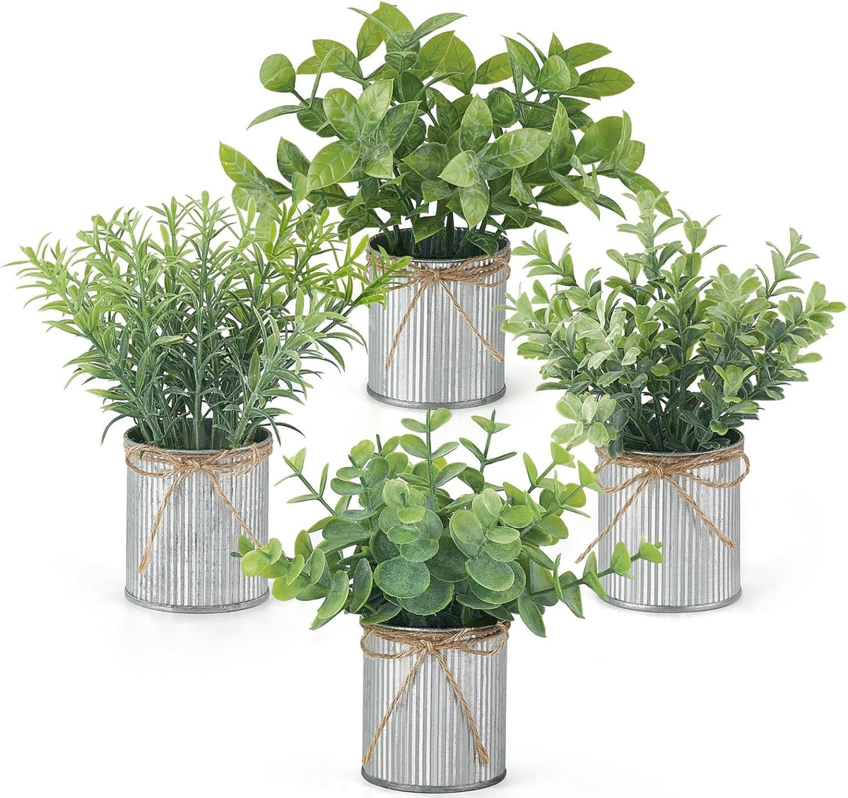 Small Fake Plants in Galvanized Pots, Set of 4 | Rustic Farmhouse Indoor Decor