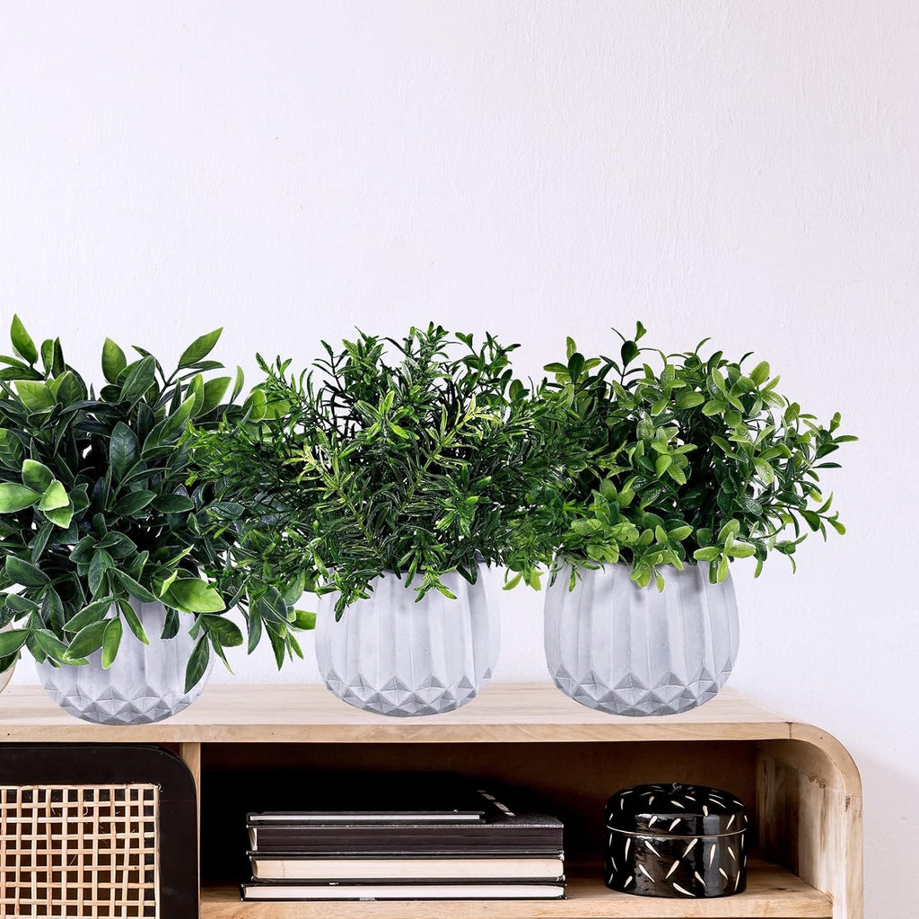 Artificial Potted Plants 3-Pack – Faux Eucalyptus, Rosemary & Boxwood in White Geometric Pots