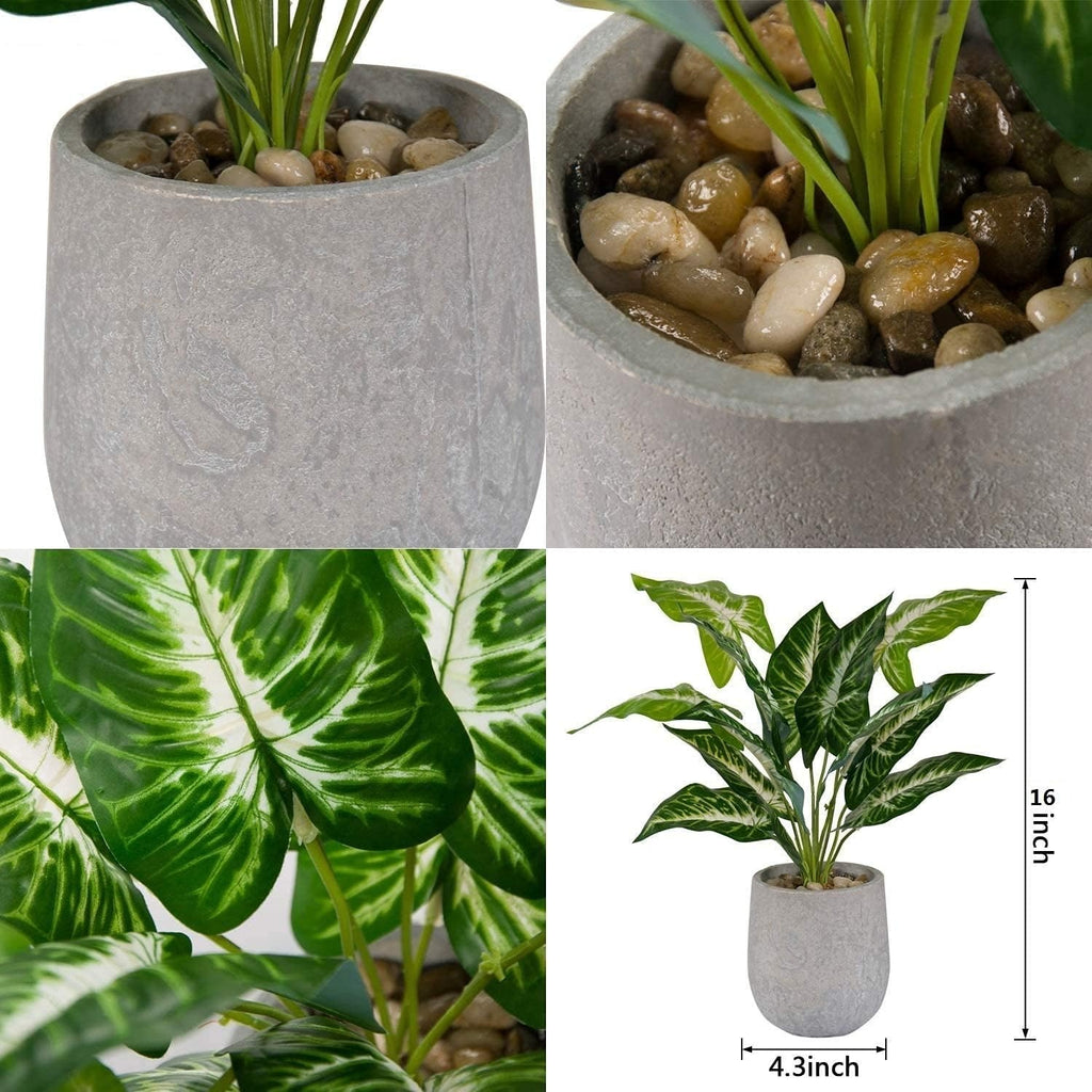 16" Artificial Taro Leaf Potted Plant with Decorative Rocks – Faux Tropical Greenery for Home Decor